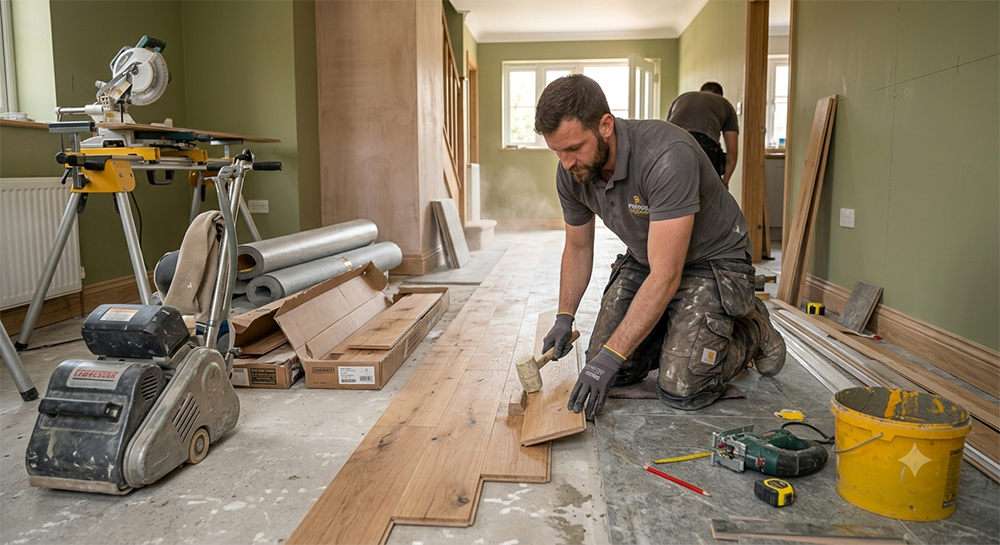 Professional flooring fitter laying engineered wood flooring